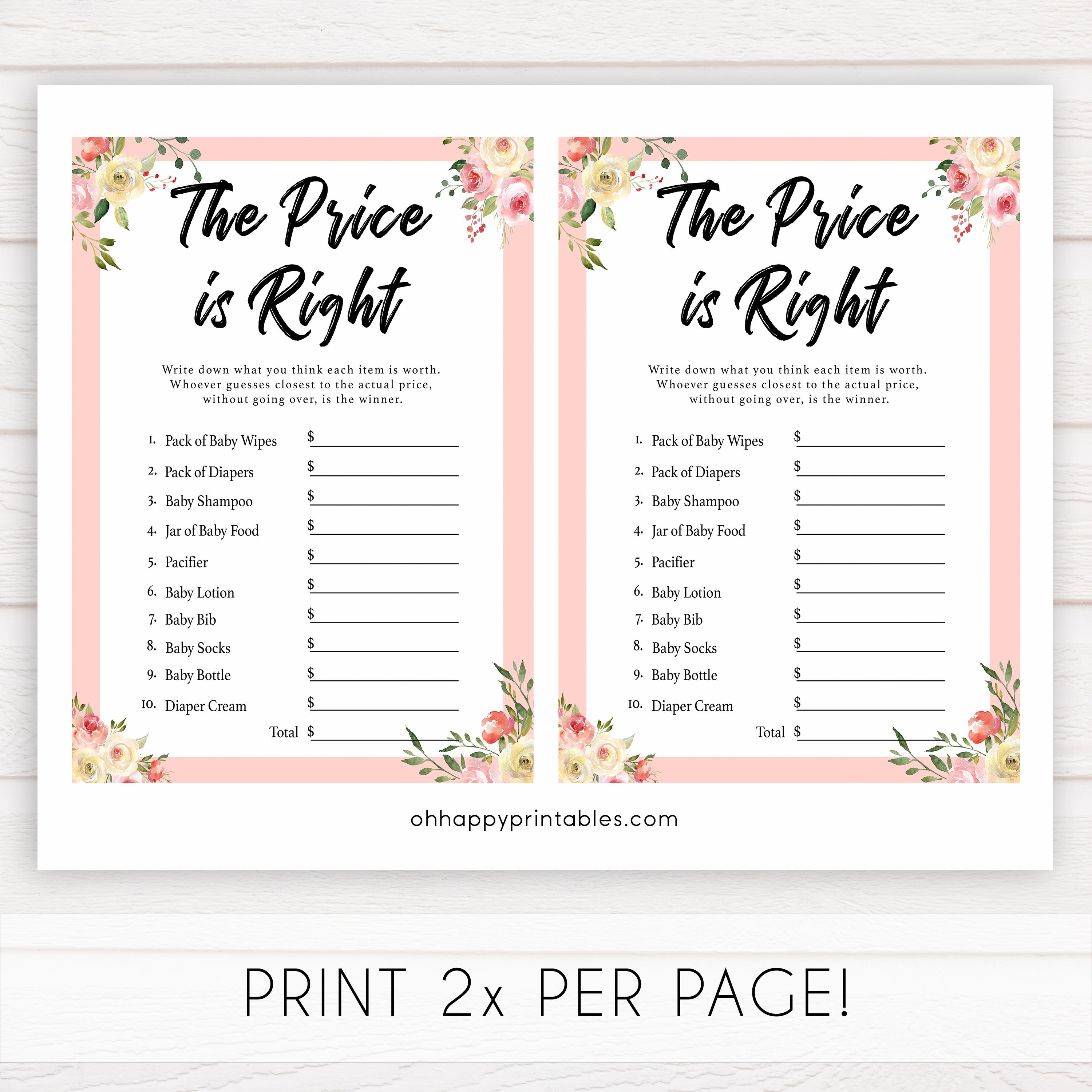 spring floral the price is right baby shower games, printable baby shower games, fun baby shower games, baby shower games, popular baby shower games