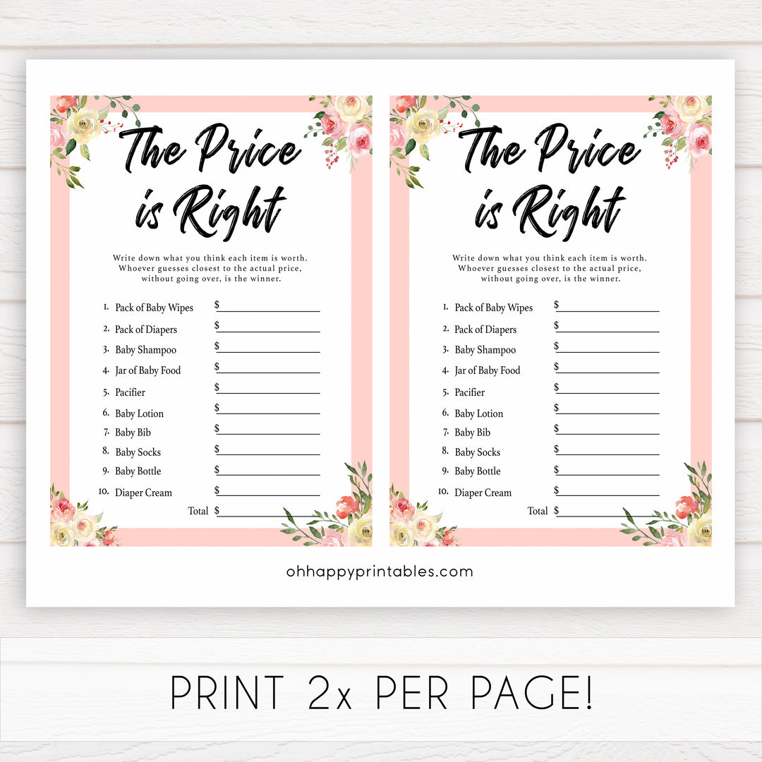 spring floral the price is right baby shower games, printable baby shower games, fun baby shower games, baby shower games, popular baby shower games
