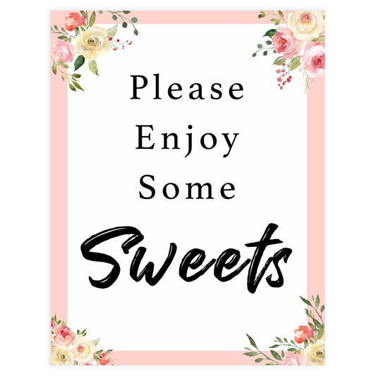 sweets baby signs, sweets baby decor signs, Spring floral baby decor, printable baby table signs, printable baby decor, floral table signs, fun baby signs, fun baby table signs