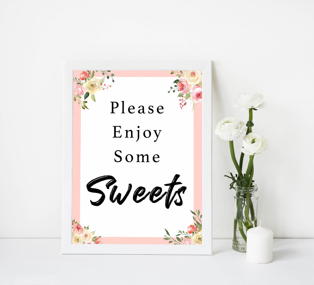 sweets baby signs, sweets baby decor signs, Spring floral baby decor, printable baby table signs, printable baby decor, floral table signs, fun baby signs, fun baby table signs