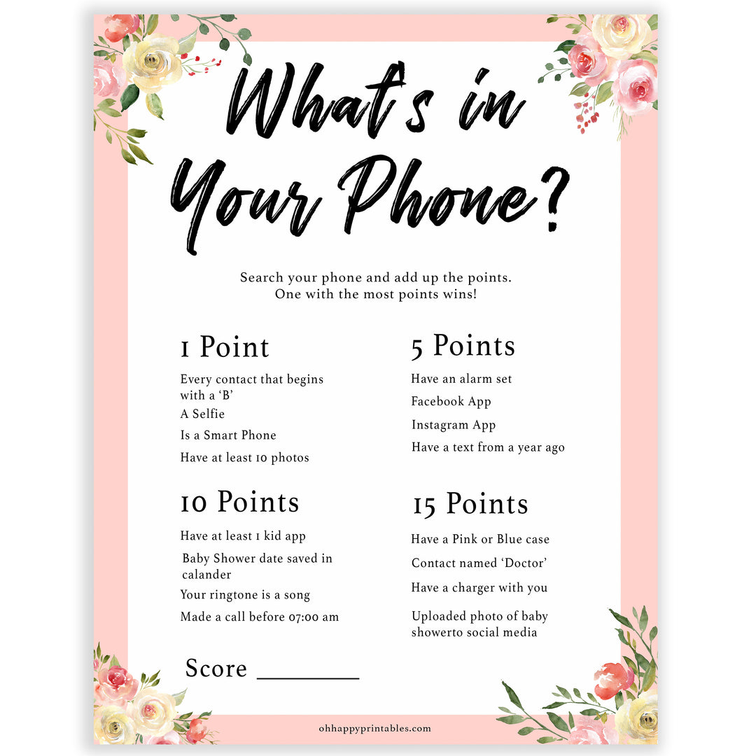 spring floral whats in your phone baby shower games, printable baby shower games, fun baby shower games, baby shower games, popular baby shower games
