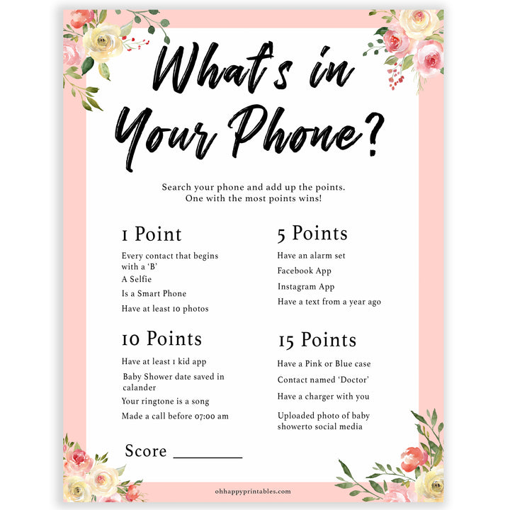 spring floral whats in your phone baby shower games, printable baby shower games, fun baby shower games, baby shower games, popular baby shower games