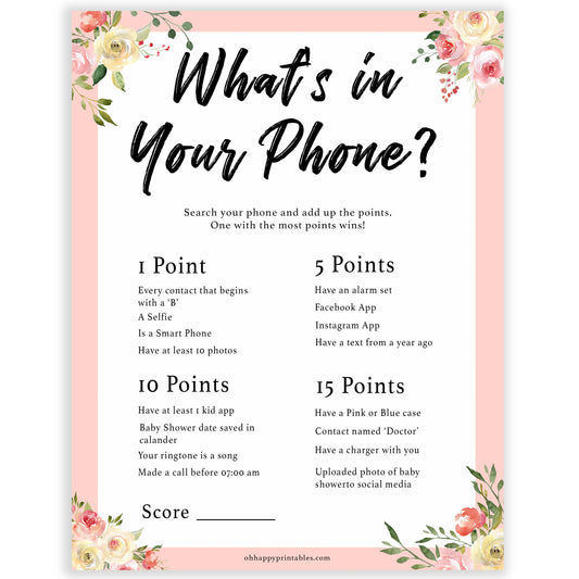 spring floral whats in your phone baby shower games, printable baby shower games, fun baby shower games, baby shower games, popular baby shower games
