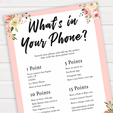 spring floral whats in your phone baby shower games, printable baby shower games, fun baby shower games, baby shower games, popular baby shower games