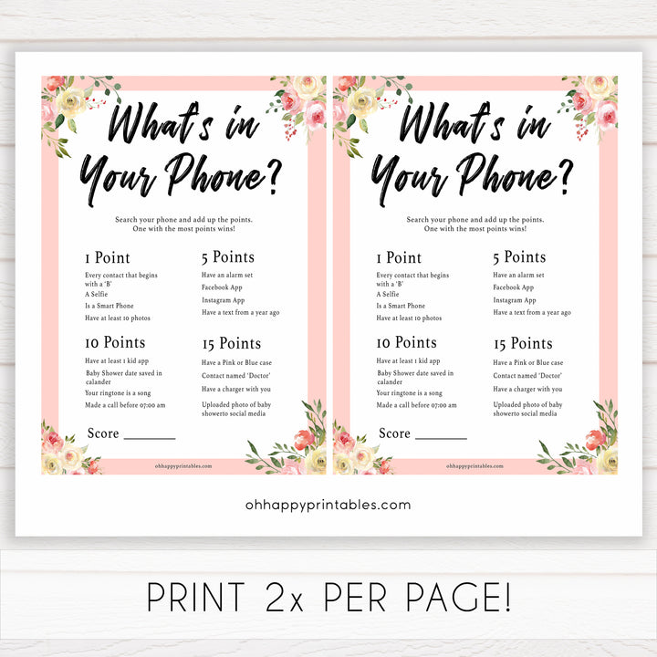 spring floral whats in your phone baby shower games, printable baby shower games, fun baby shower games, baby shower games, popular baby shower games