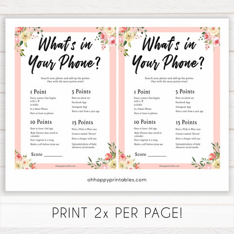 spring floral whats in your phone baby shower games, printable baby shower games, fun baby shower games, baby shower games, popular baby shower games