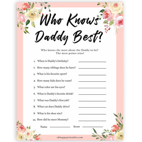 spring floral who knows daddy best baby shower games, printable baby shower games, fun baby shower games, baby shower games, popular baby shower games