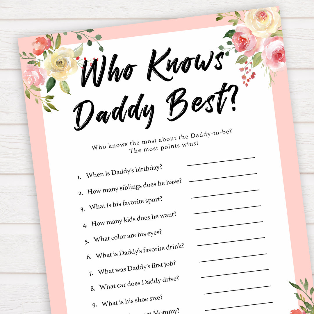 spring floral who knows daddy best baby shower games, printable baby shower games, fun baby shower games, baby shower games, popular baby shower games