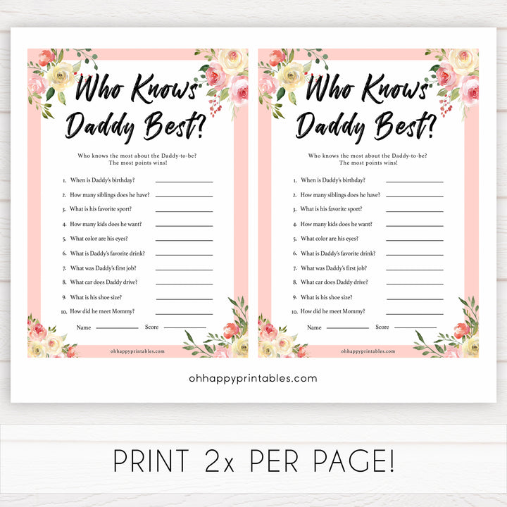 spring floral who knows daddy best baby shower games, printable baby shower games, fun baby shower games, baby shower games, popular baby shower games