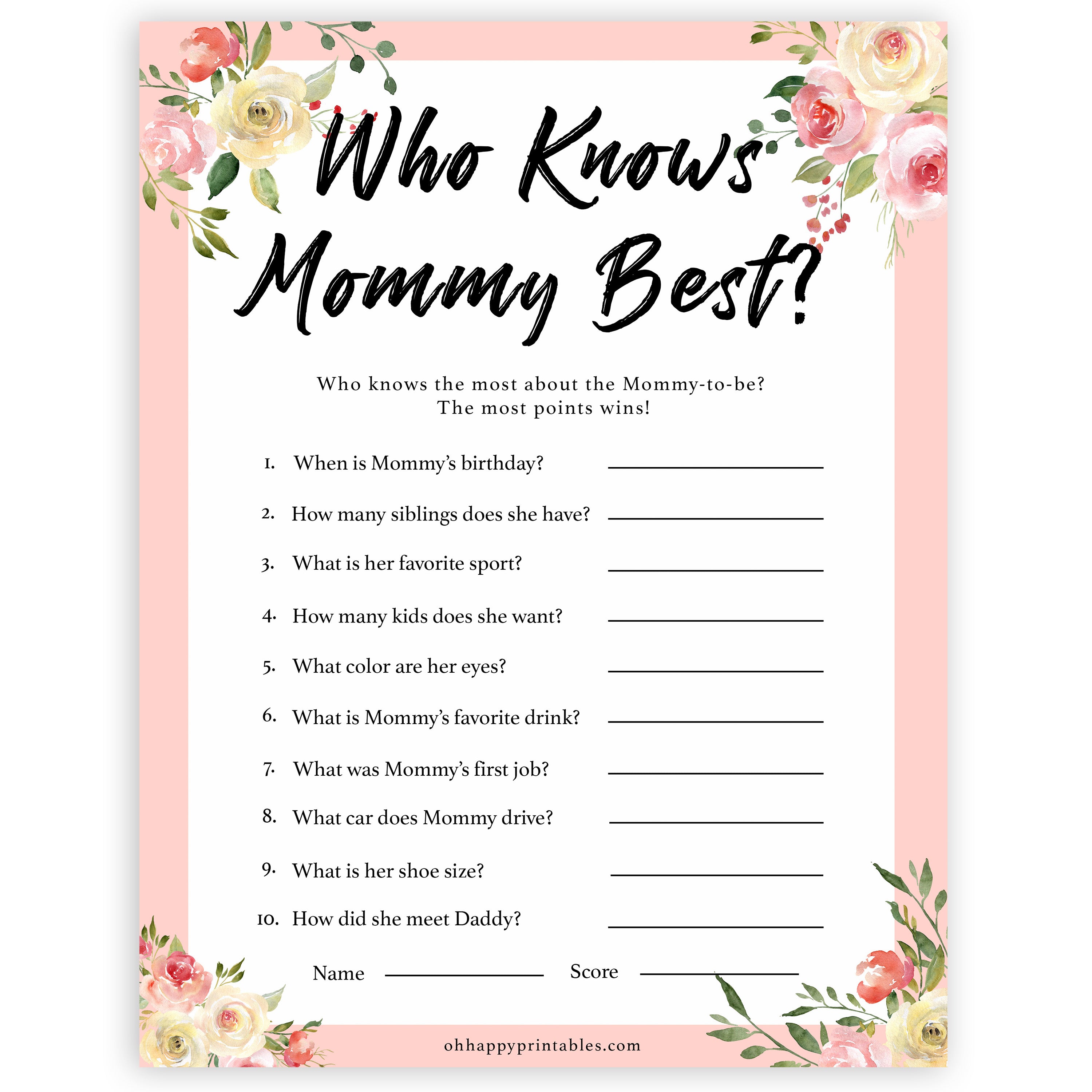 spring floral who knows mummy best baby shower games, printable baby shower games, fun baby shower games, baby shower games, popular baby shower games
