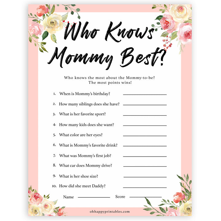 spring floral who knows mummy best baby shower games, printable baby shower games, fun baby shower games, baby shower games, popular baby shower games