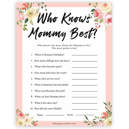 spring floral who knows mummy best baby shower games, printable baby shower games, fun baby shower games, baby shower games, popular baby shower games