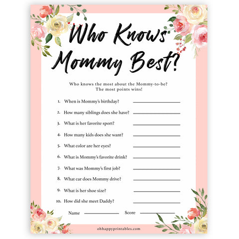 spring floral who knows mummy best baby shower games, printable baby shower games, fun baby shower games, baby shower games, popular baby shower games