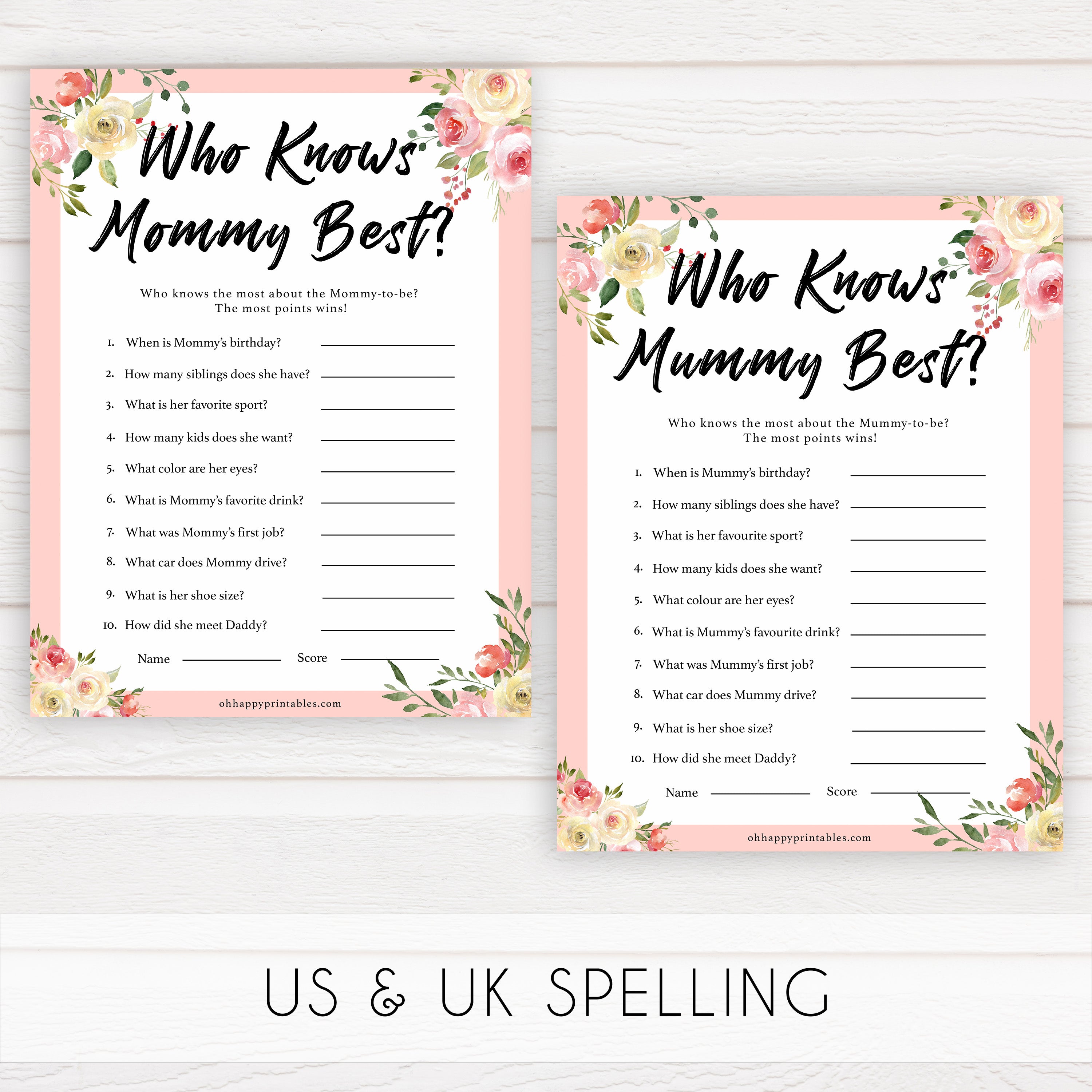 spring floral who knows mummy best baby shower games, printable baby shower games, fun baby shower games, baby shower games, popular baby shower games