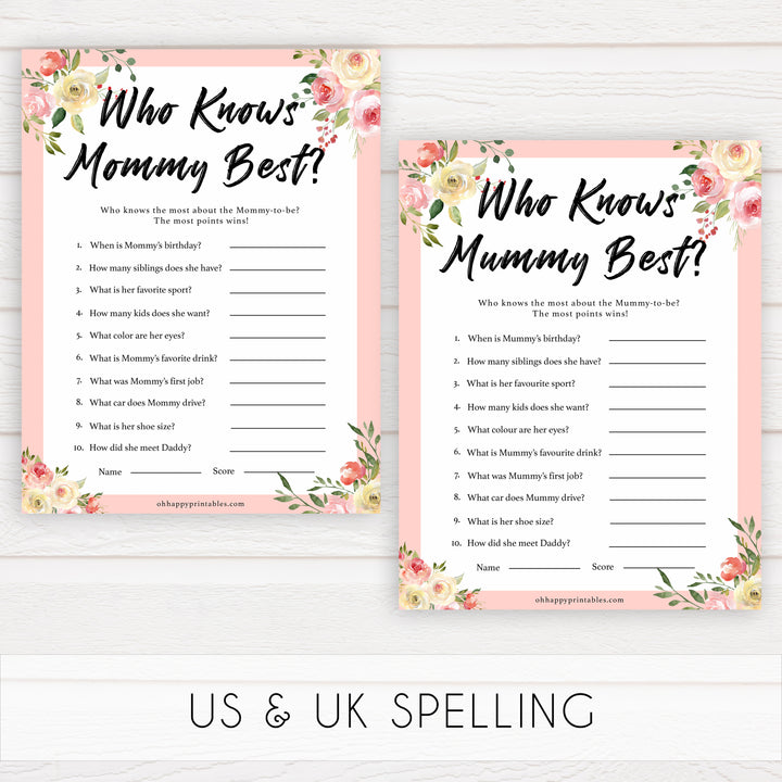 spring floral who knows mummy best baby shower games, printable baby shower games, fun baby shower games, baby shower games, popular baby shower games