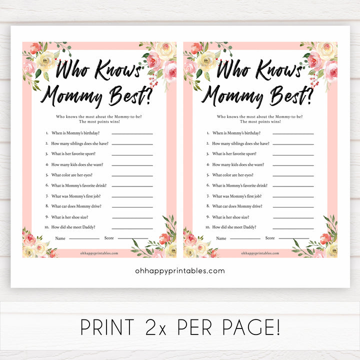 spring floral who knows mummy best baby shower games, printable baby shower games, fun baby shower games, baby shower games, popular baby shower games