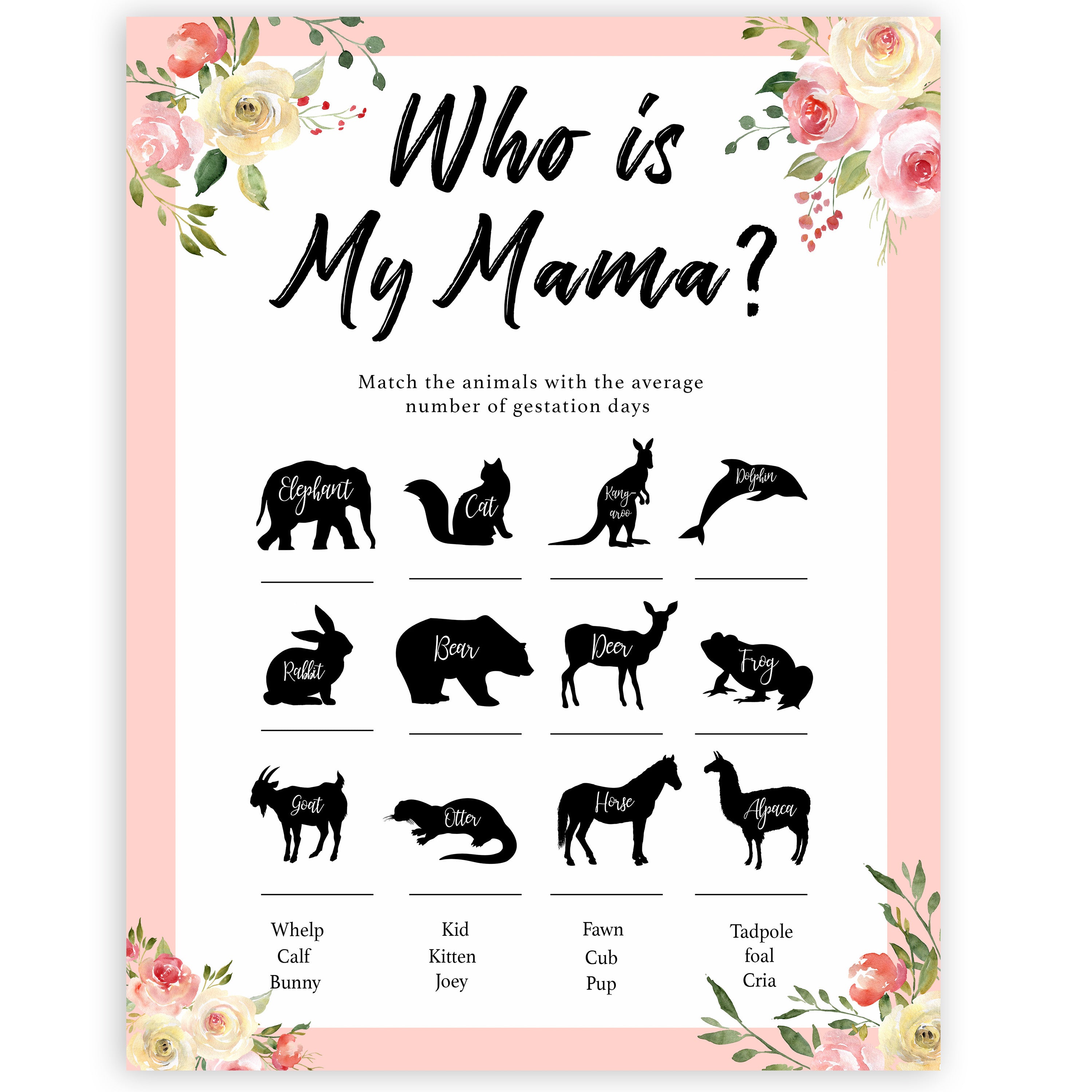 spring floral who is my mama baby shower games, printable baby shower games, fun baby shower games, baby shower games, popular baby shower games