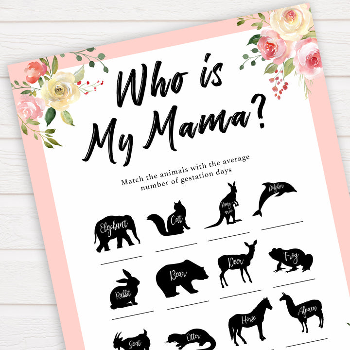 spring floral who is my mama baby shower games, printable baby shower games, fun baby shower games, baby shower games, popular baby shower games
