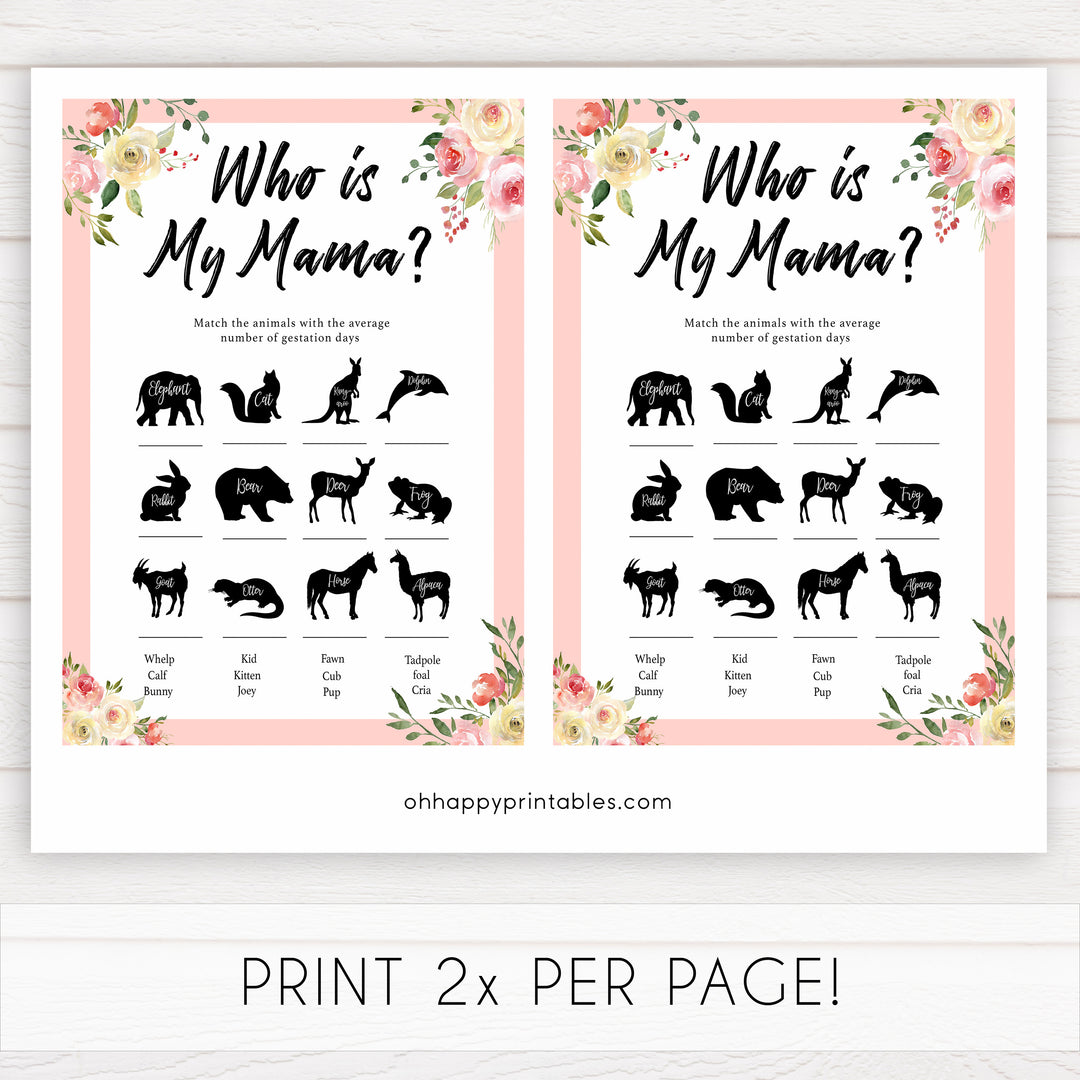 spring floral who is my mama baby shower games, printable baby shower games, fun baby shower games, baby shower games, popular baby shower games