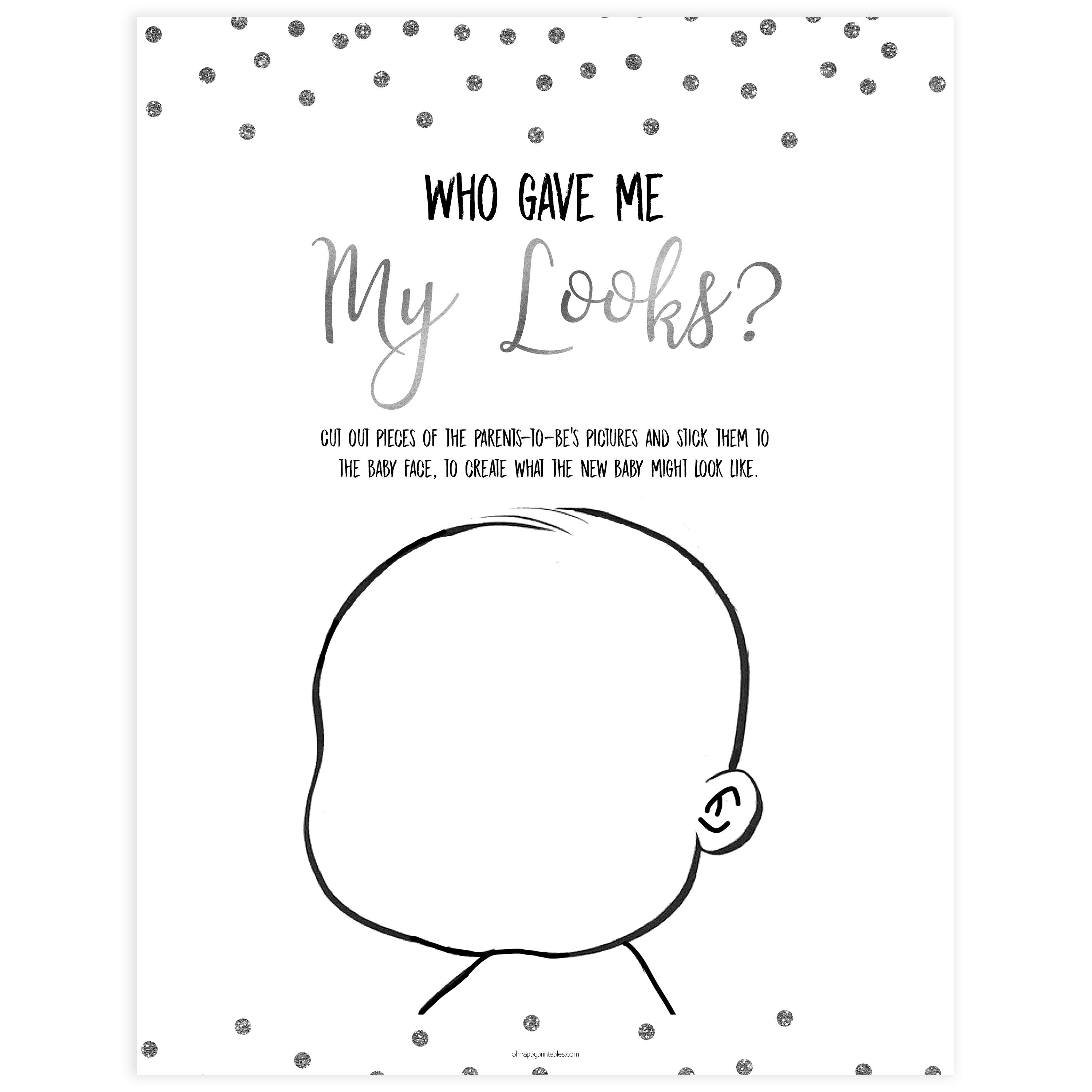 who gave me my looks, Printable baby shower games, baby silver glitter fun baby games, baby shower games, fun baby shower ideas, top baby shower ideas, silver glitter shower baby shower, friends baby shower ideas