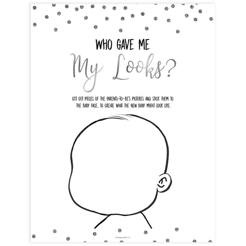 who gave me my looks, Printable baby shower games, baby silver glitter fun baby games, baby shower games, fun baby shower ideas, top baby shower ideas, silver glitter shower baby shower, friends baby shower ideas