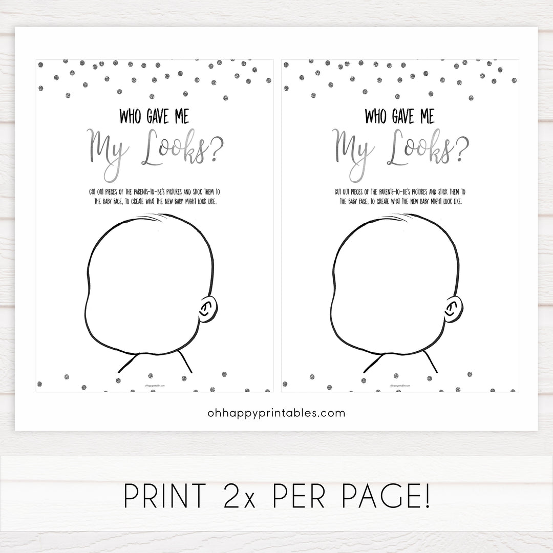 who gave me my looks, Printable baby shower games, baby silver glitter fun baby games, baby shower games, fun baby shower ideas, top baby shower ideas, silver glitter shower baby shower, friends baby shower ideas