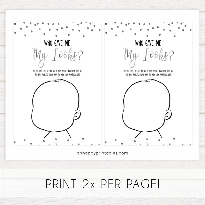 who gave me my looks, Printable baby shower games, baby silver glitter fun baby games, baby shower games, fun baby shower ideas, top baby shower ideas, silver glitter shower baby shower, friends baby shower ideas