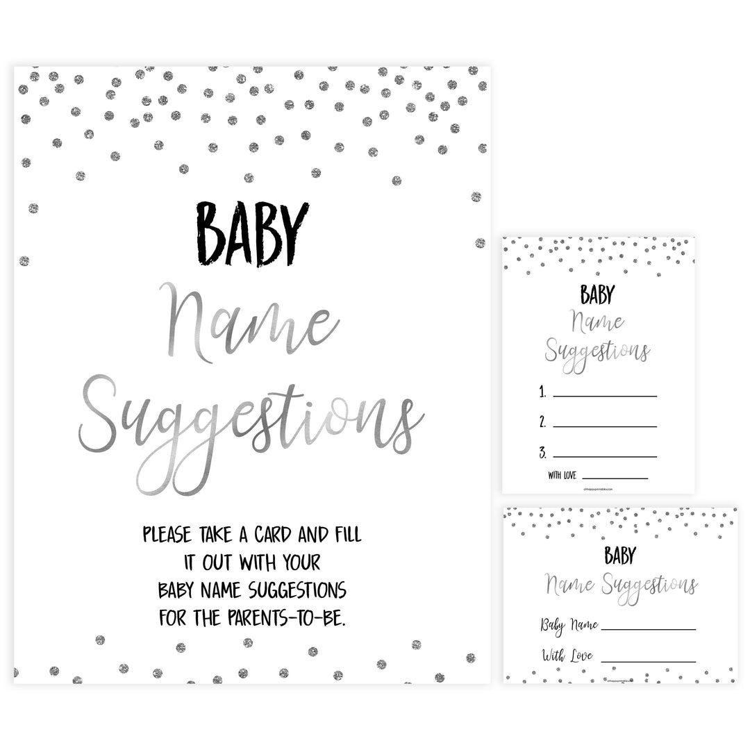 baby name suggestions game, Printable baby shower games, baby silver glitter fun baby games, baby shower games, fun baby shower ideas, top baby shower ideas, silver glitter shower baby shower, friends baby shower ideas