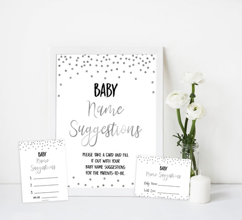 baby name suggestions game, Printable baby shower games, baby silver glitter fun baby games, baby shower games, fun baby shower ideas, top baby shower ideas, silver glitter shower baby shower, friends baby shower ideas