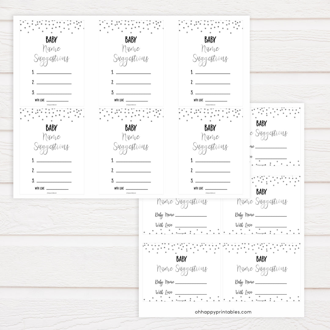 baby name suggestions game, Printable baby shower games, baby silver glitter fun baby games, baby shower games, fun baby shower ideas, top baby shower ideas, silver glitter shower baby shower, friends baby shower ideas