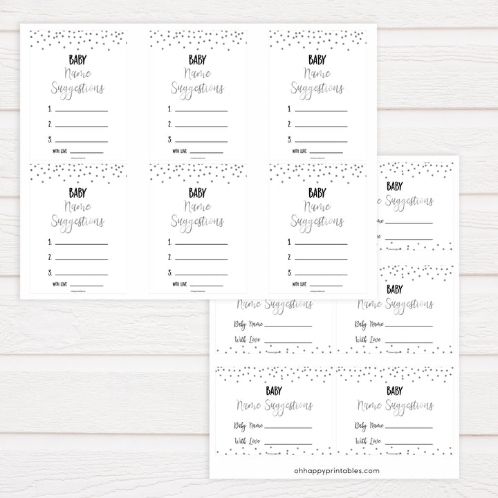 baby name suggestions game, Printable baby shower games, baby silver glitter fun baby games, baby shower games, fun baby shower ideas, top baby shower ideas, silver glitter shower baby shower, friends baby shower ideas