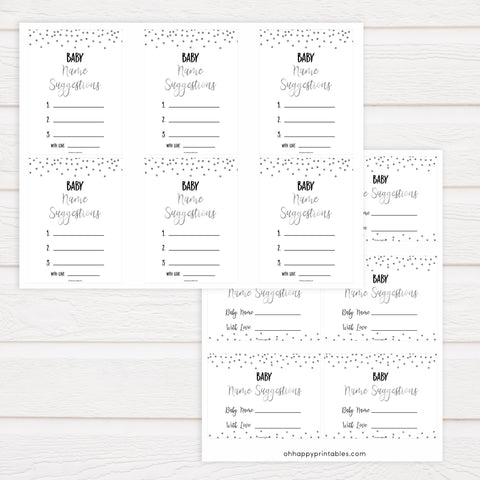baby name suggestions game, Printable baby shower games, baby silver glitter fun baby games, baby shower games, fun baby shower ideas, top baby shower ideas, silver glitter shower baby shower, friends baby shower ideas