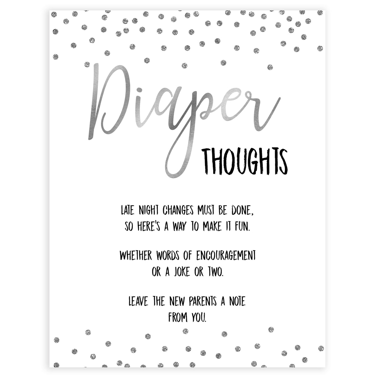 diaper thoughts game, late night diapers game, Printable baby shower games, baby silver glitter fun baby games, baby shower games, fun baby shower ideas, top baby shower ideas, silver glitter shower baby shower, friends baby shower ideas