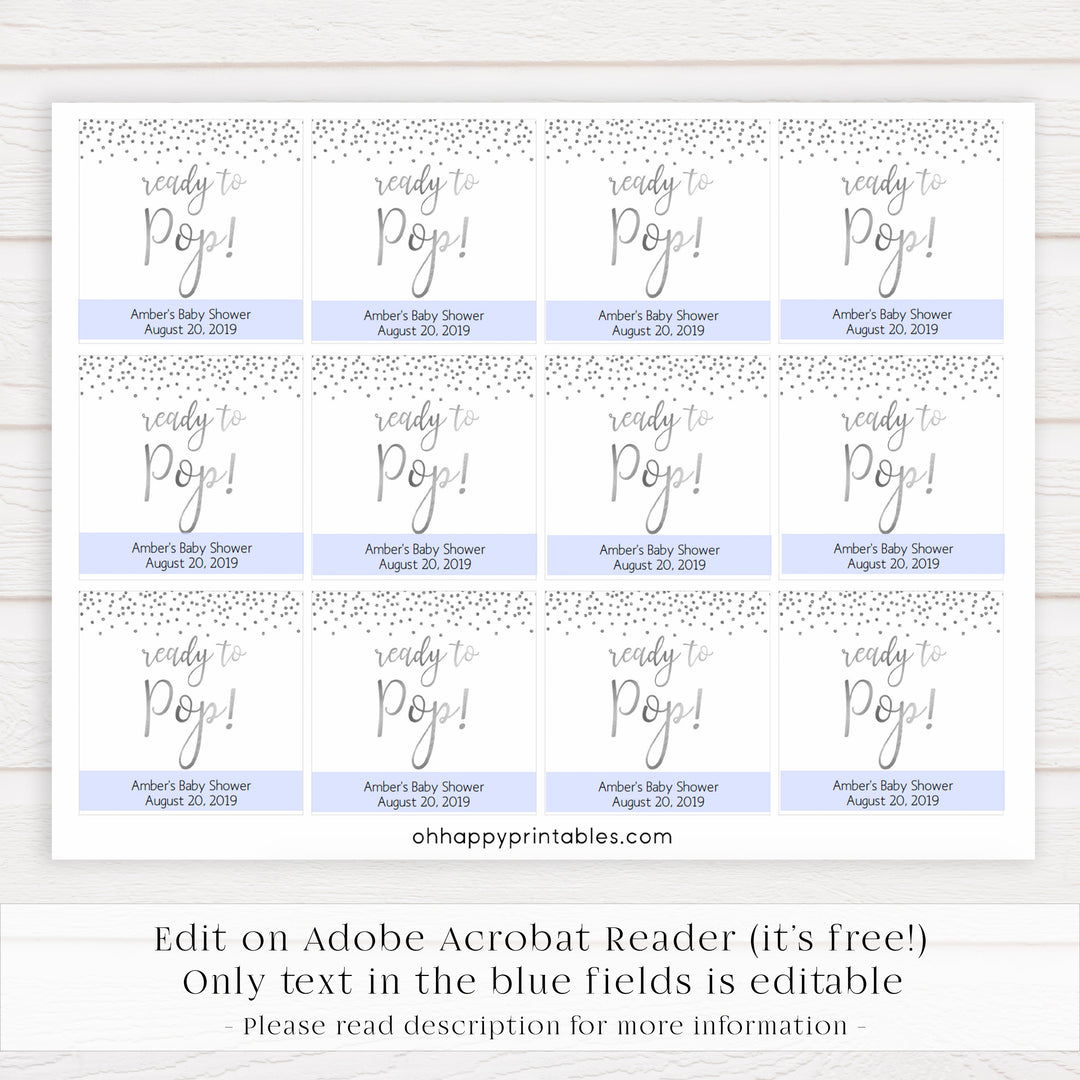 ready to pop tags, baby pop tags, Printable baby shower games, baby silver glitter fun baby games, baby shower games, fun baby shower ideas, top baby shower ideas, silver glitter shower baby shower, friends baby shower ideas