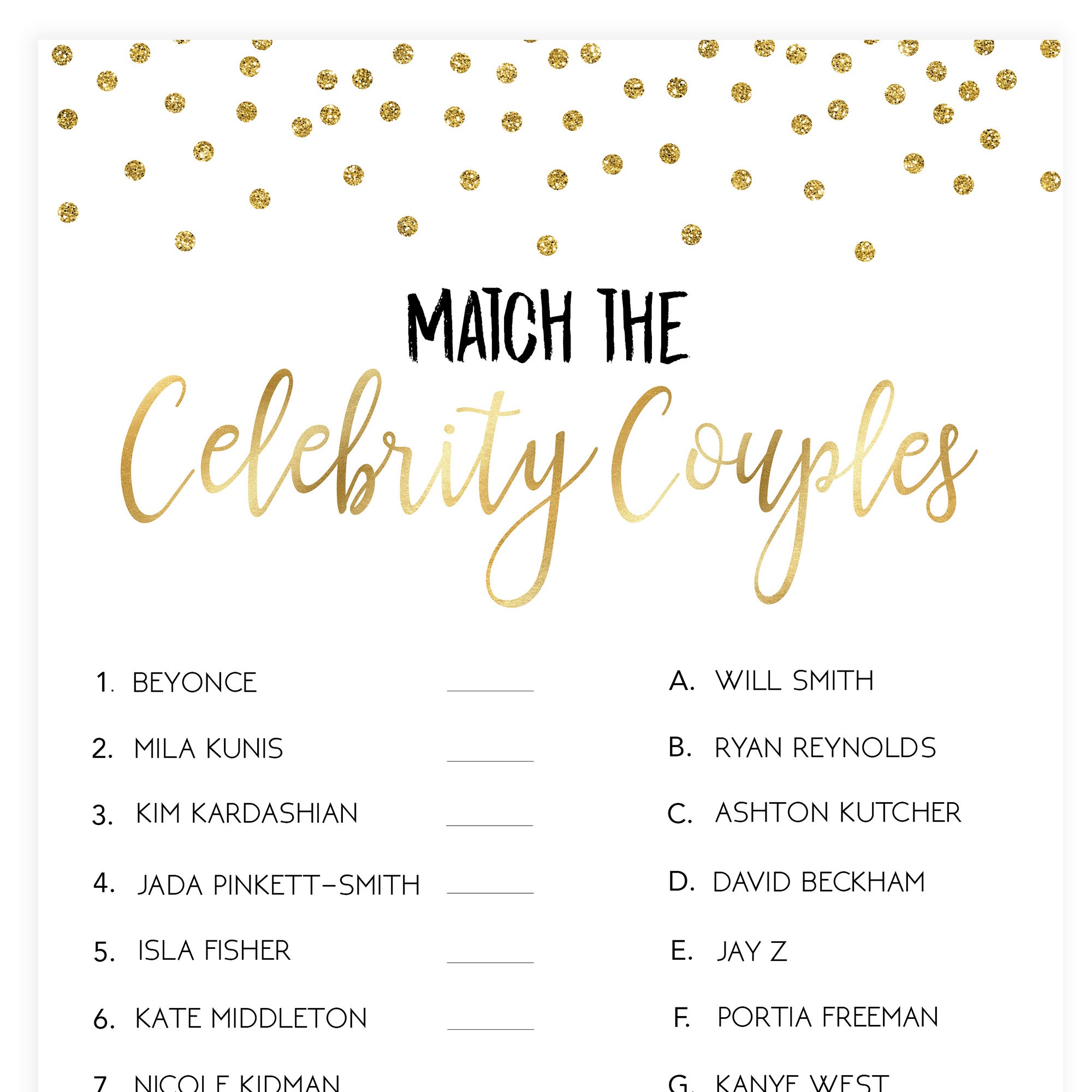 Match Celebrity Couples Game | Shop Printable Bridal Shower Games –  OhHappyPrintables