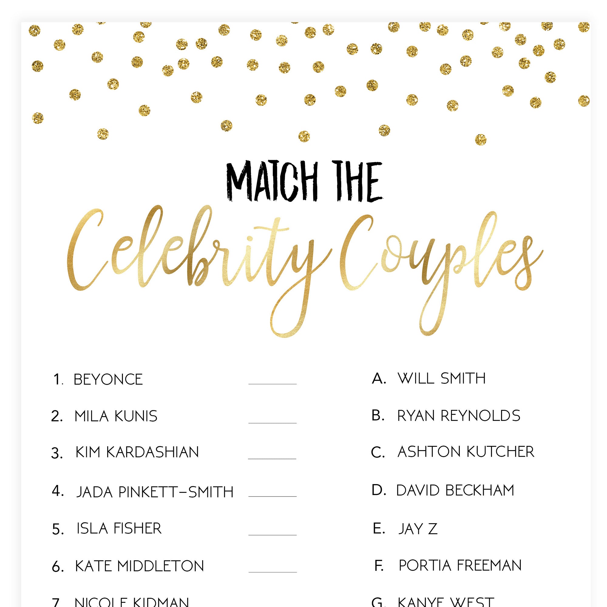 Match Celebrity Couples Game - Gold Foil