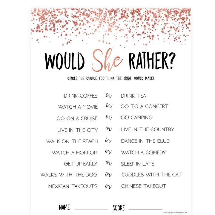Would She Rather Bridal Game - Rose Gold Foil