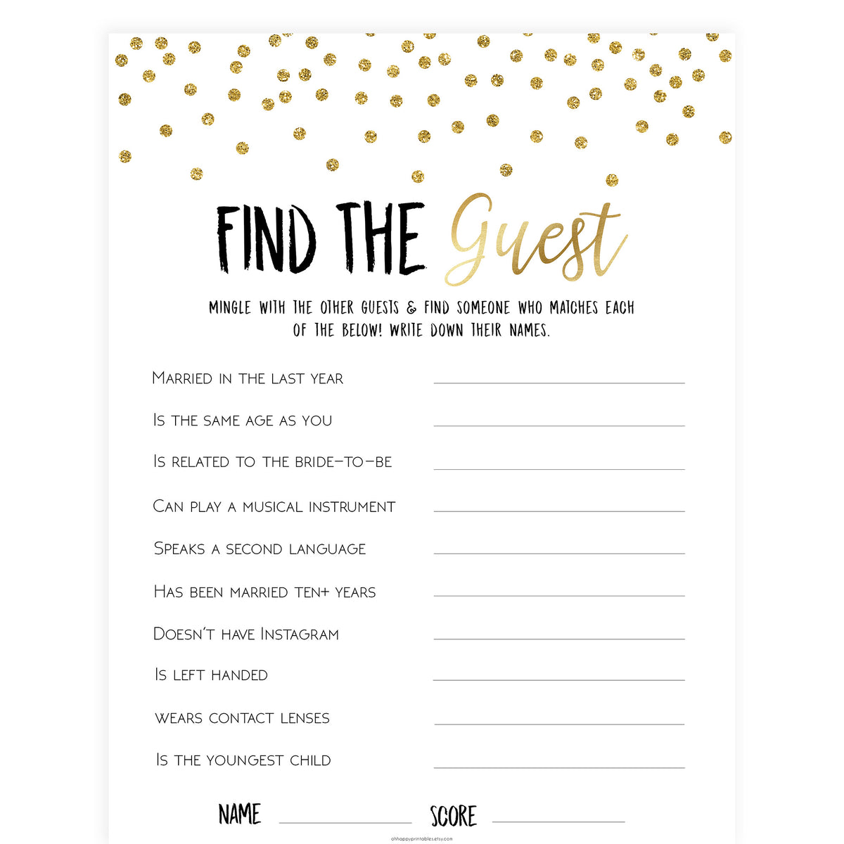 Find The Guest Bridal Game - Gold Foil