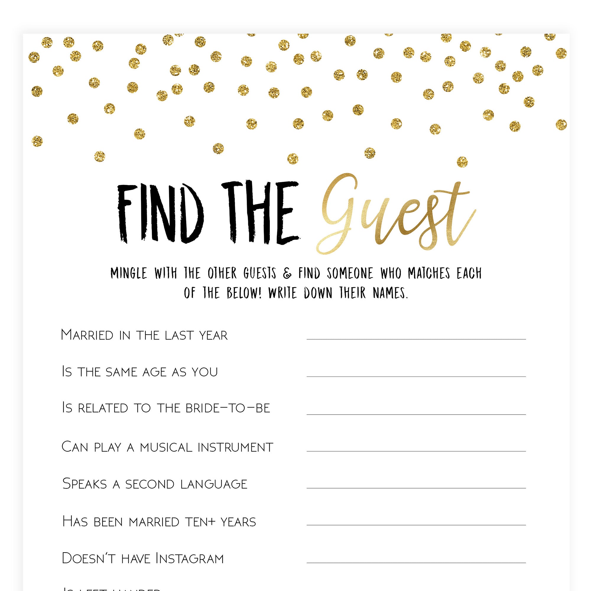 Find The Guest Bridal Game - Gold Foil