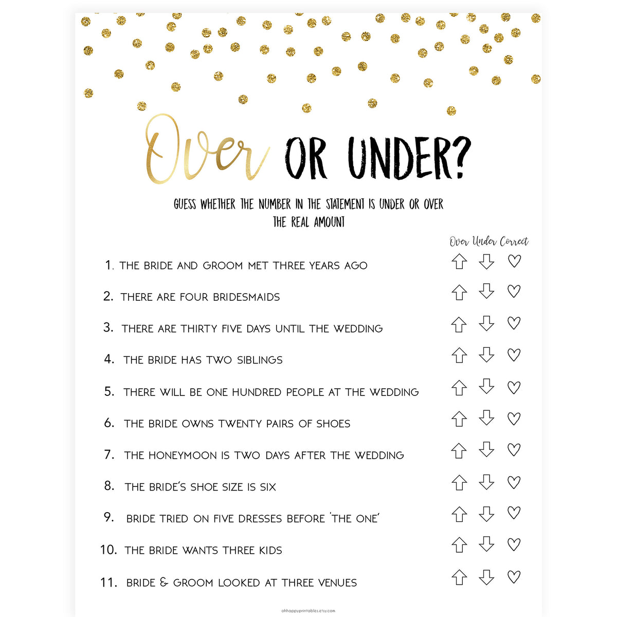 Over or Under Bridal Game - Gold Foil
