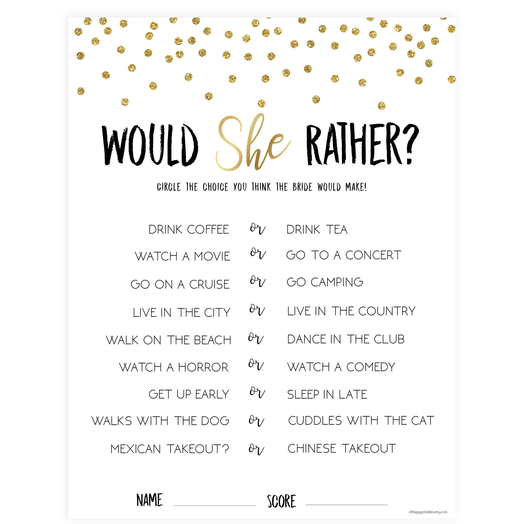 Would She Rather Bridal Game - Gold Foil