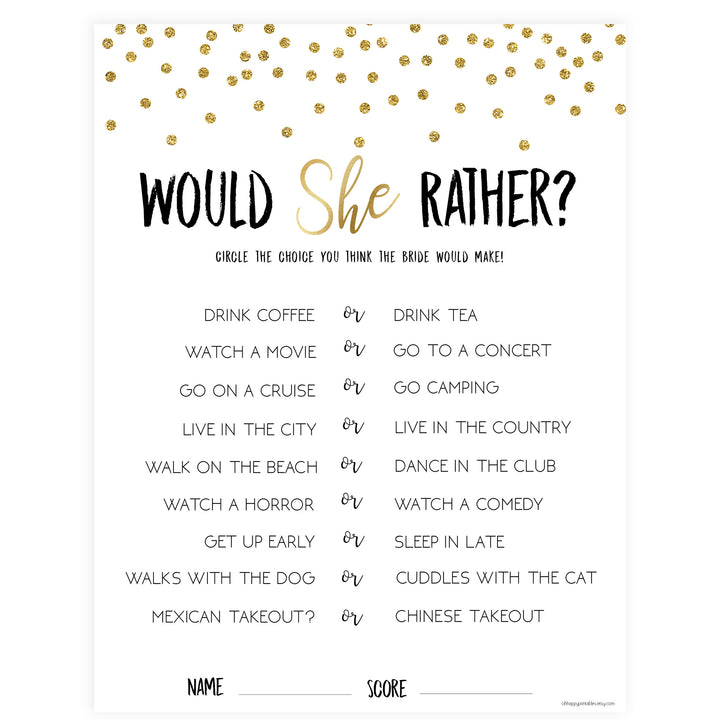 Would She Rather Bridal Game - Gold Foil