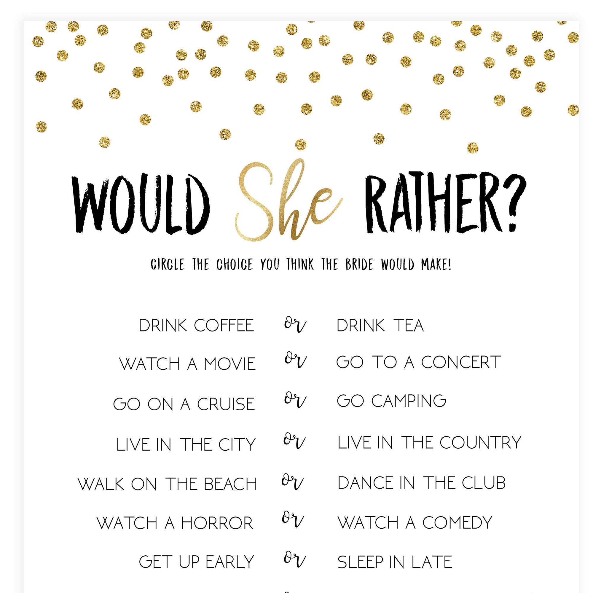 Would She Rather Bridal Game - Gold Foil