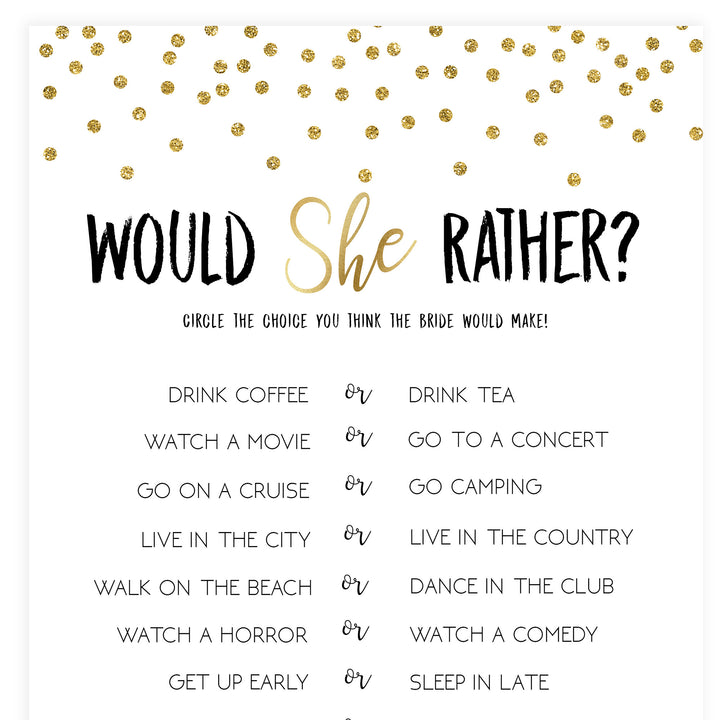 Would She Rather Bridal Game - Gold Foil