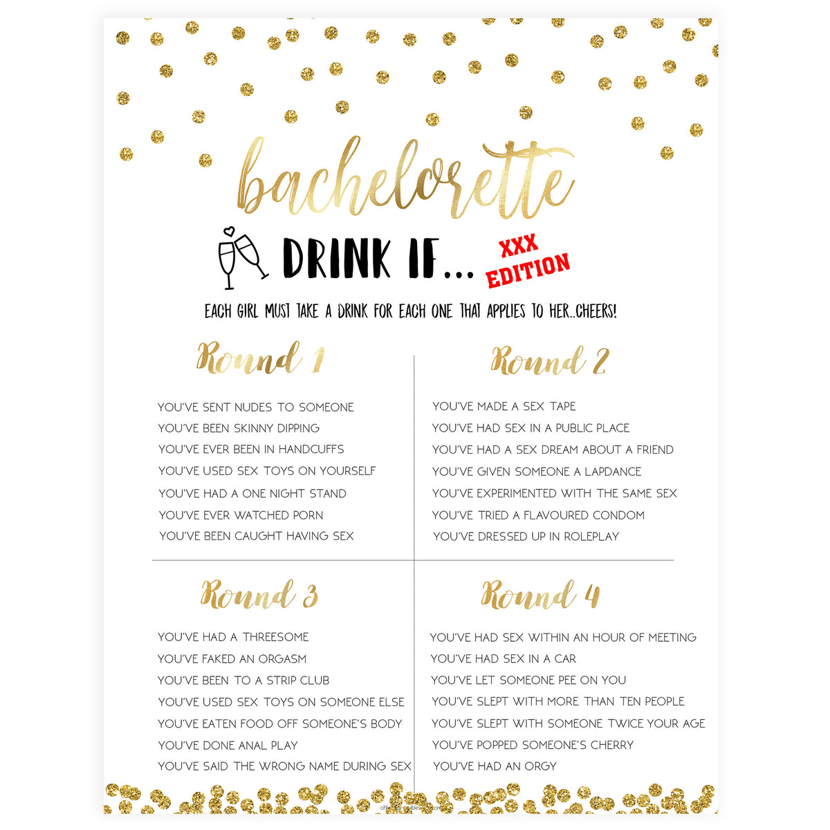 X Rated Bachelorette Drink If Game - Gold Foil