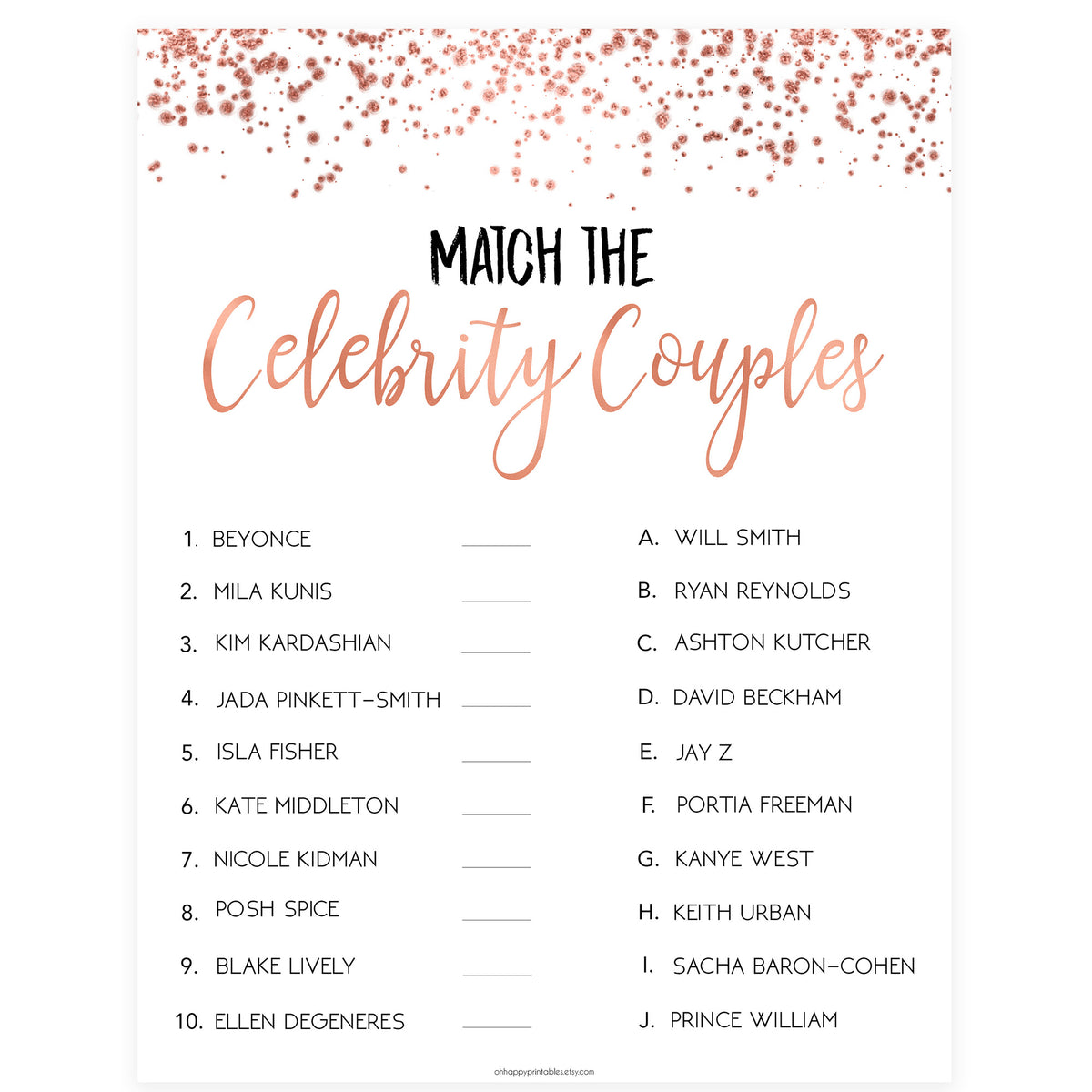 Match Celebrity Couples Game - Rose Gold Foil