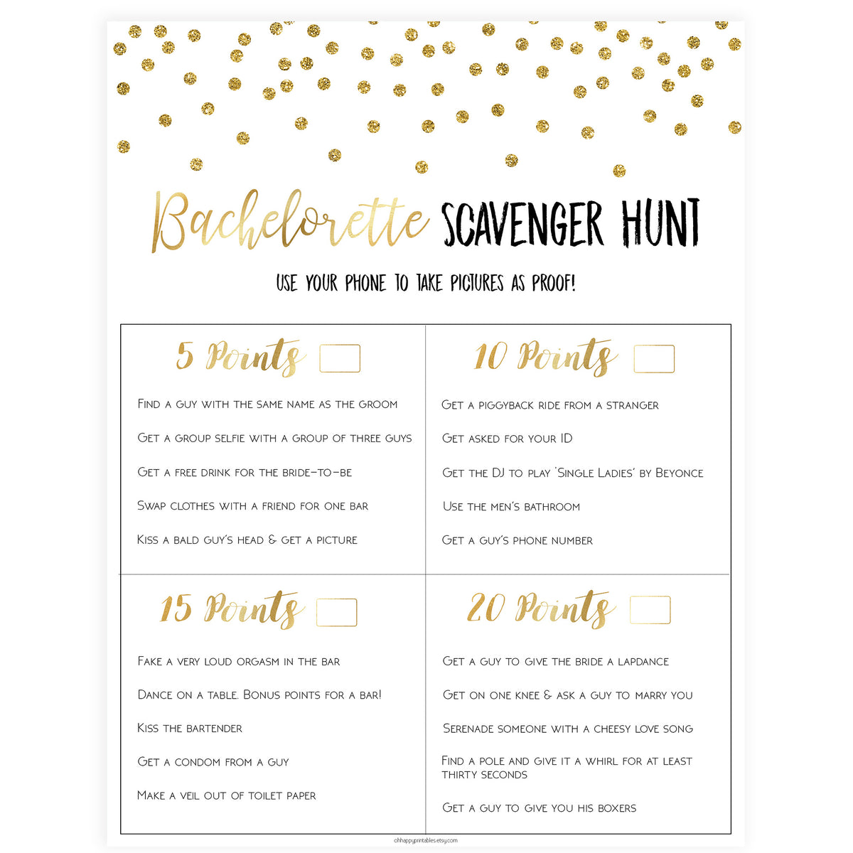 Bachelorette Scavenger Hunt - Gold Foil