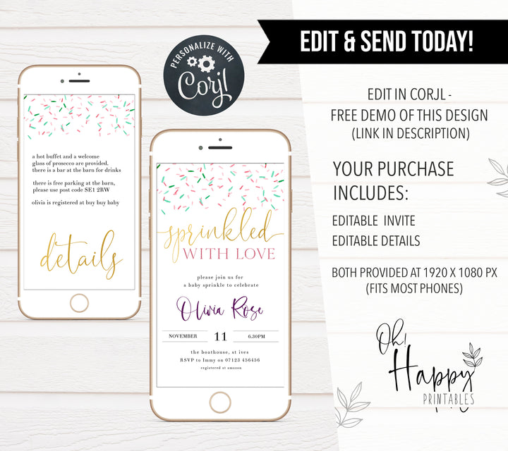 baby sprinkle baby shower invitations, printable baby shower invitations, editable baby shower invitations, mobile baby shower invitations, baby sprinkle theme