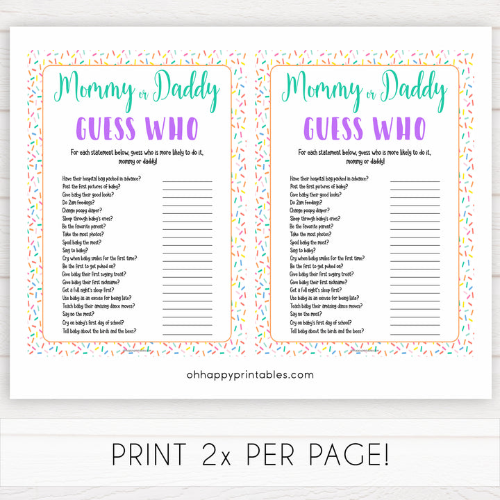 Guess Who mommy or daddy game, Printable baby shower games, baby sprinkle fun baby games, baby shower games, fun baby shower ideas, top baby shower ideas, sprinkle shower baby shower, friends baby shower ideas