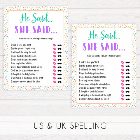 he said she said baby game, Printable baby shower games, baby sprinkle fun baby games, baby shower games, fun baby shower ideas, top baby shower ideas, sprinkle shower baby shower, friends baby shower ideas